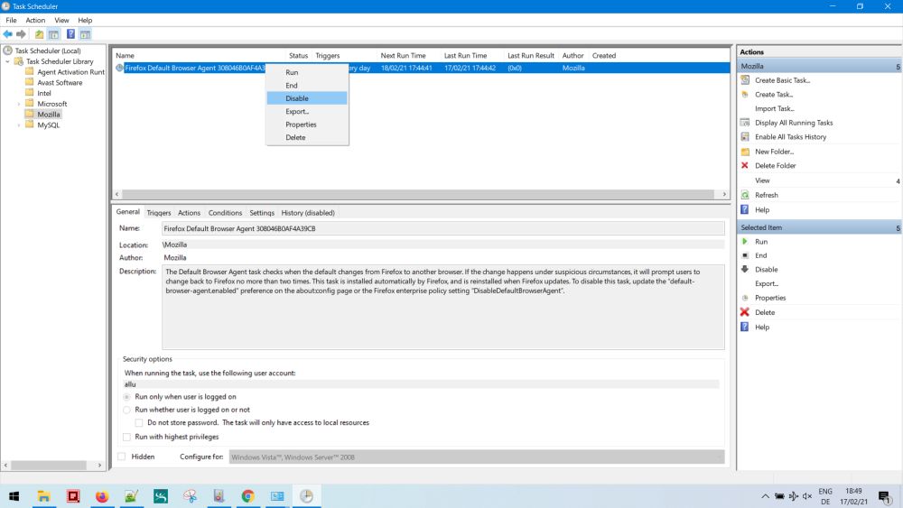 Disabling the Firefox 'Default Browser Agent' task in Windows Task Scheduler