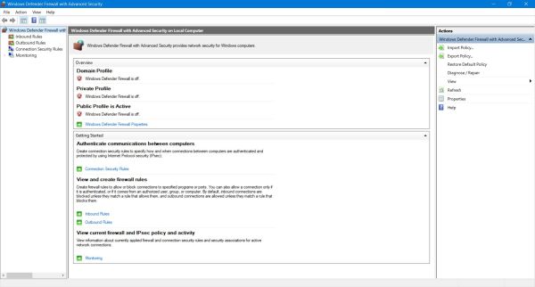 Windows Defender Firewall: Main page