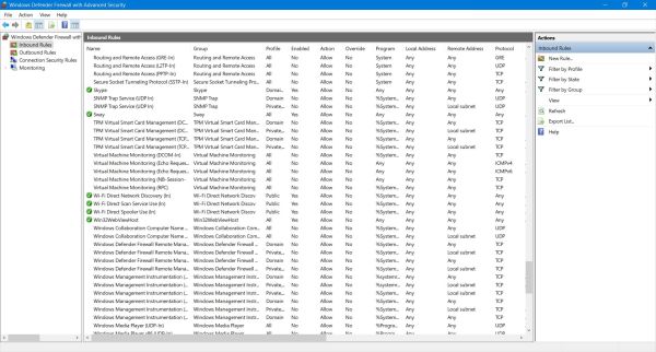 Windows Defender Firewall: Inbound rules