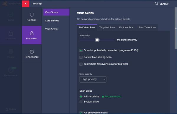 Avast Free Antivirus: Vrus scan settings