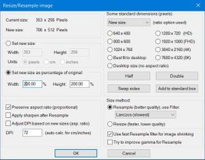 IrfanView: The 'Image Resizing/Resampling' window