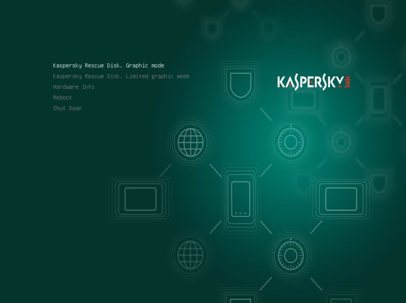 Kaspersky Rescue Disk 18: Action menu at OS startup