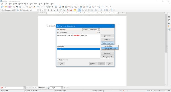 LibreOffice: Adding a word to a custom dictionary