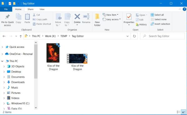 Windows explorer: MP4 video file (original thumbnail) and video cover as JPG file