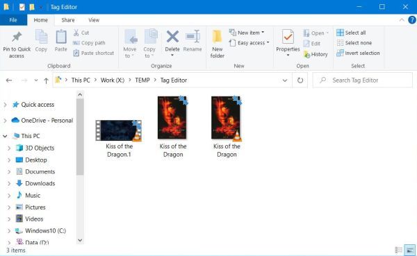 Tag Editor: The original and modified MP4 video files in Windows File Explorer