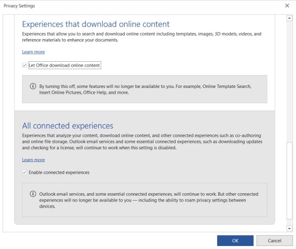 Changing MS Office privacy settings to enable online help