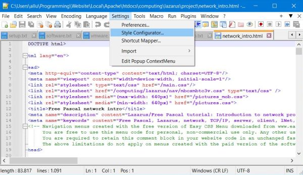Changing the font size in Notepad++: Opening the 'style configurator'