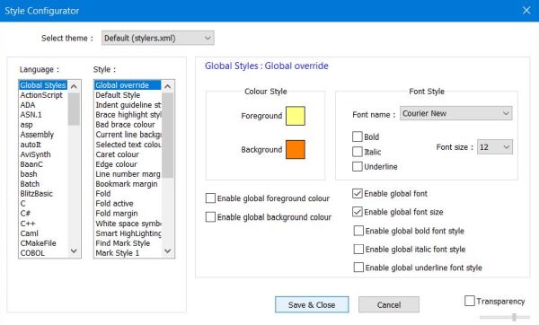 Changing the font size in Notepad++: The 'style configurator' window