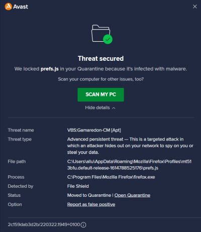Avast Free Antivirus: Details concerning the Firefox prefs.js threat