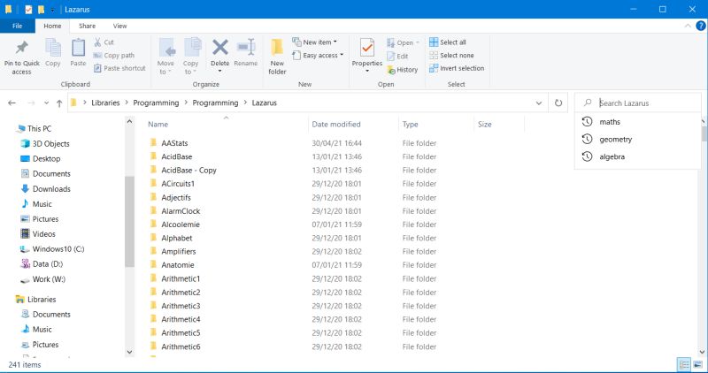 Windows 10 File Explorer: Recent searches remembered and offered as search suggestions