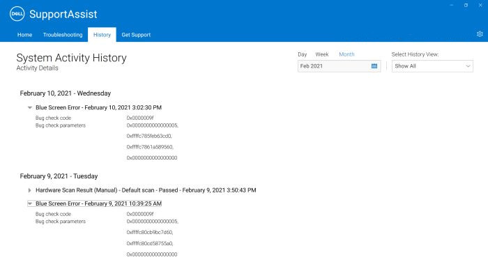 Blue screen errors reported in Dell Support Assistant