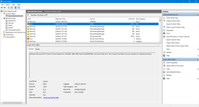 Windows Event Log viewer: Some errors are benign and may be safely ignored