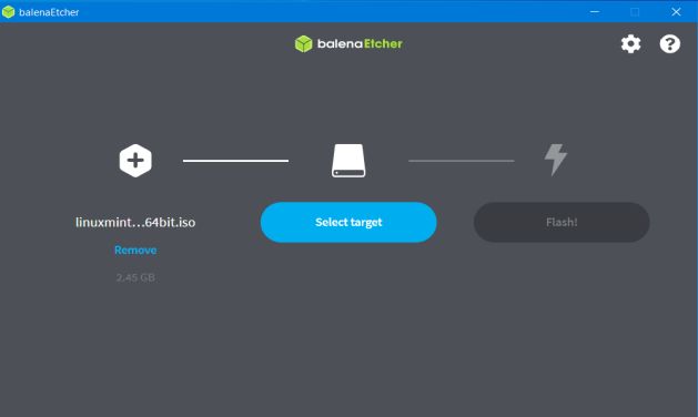 Creating a bootable USB stick using balenaEtcher: Choosing the target drive (USB stick) [1]