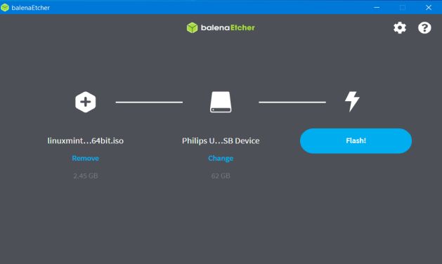 Creating a bootable USB stick using balenaEtcher: Choosing to create the flash