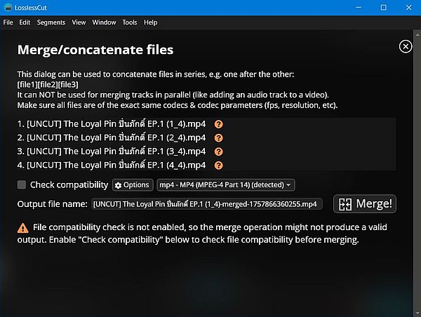 Joining video files: LosslessCut - 'Merge/Concatenate Files' window