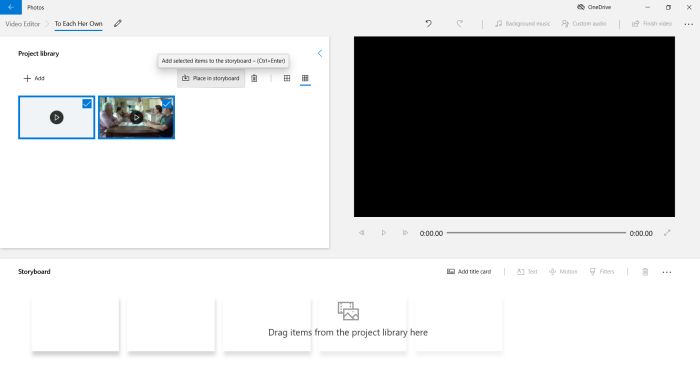 Microsoft Photos: Placing the videos to be edited into the storyboard