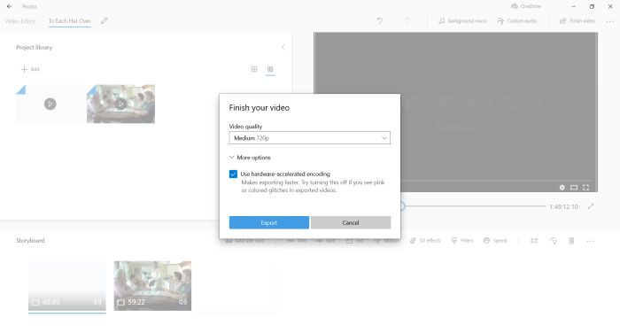 Microsoft Photos: Exporting the video with one of three possible quality values