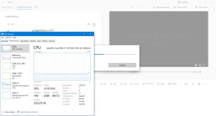 Microsoft Photos: CPU and GPU usage during video file creation