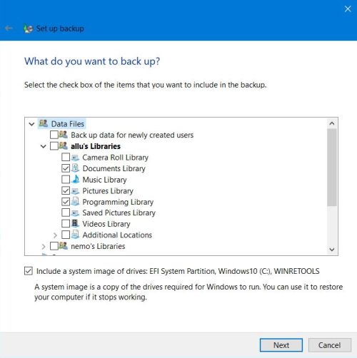 Windows Backup and Restore: Backup settings