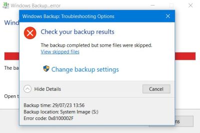 Windows Backup and Restore: Error message - Error code 0x8100002F
