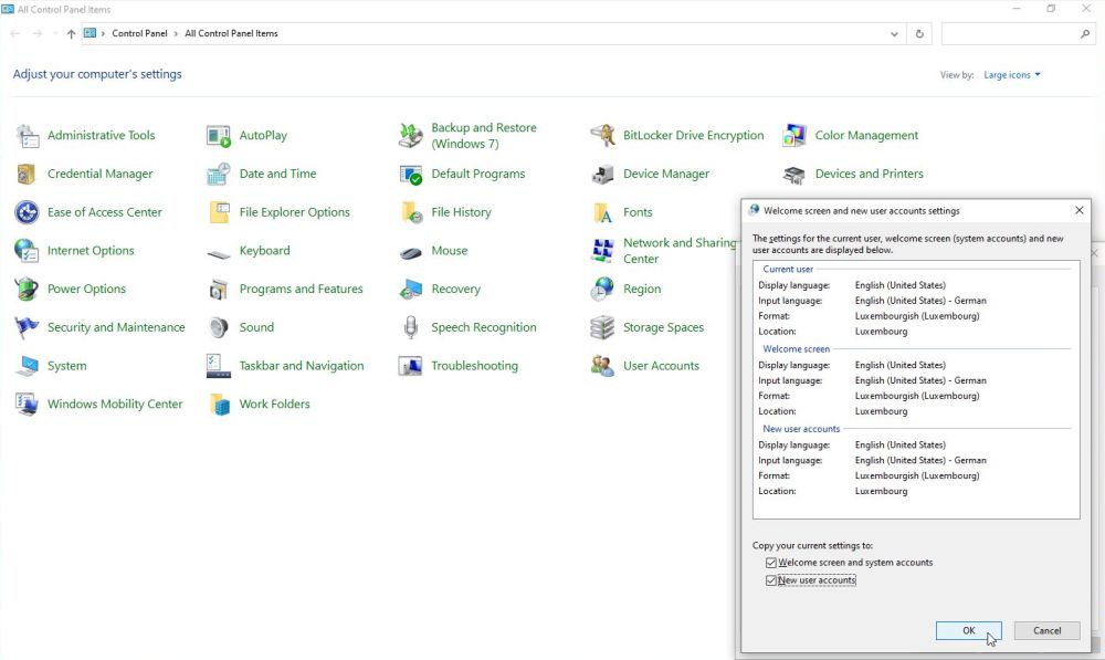 Regional settings: Settings after having copied them from the actual user account to the login screen and to new user accounts