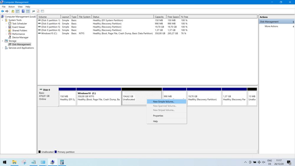 Windows Disk Management: Creating a new simple volume