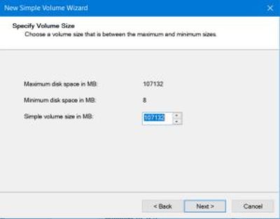 New Simple Volume wizard: Volume size