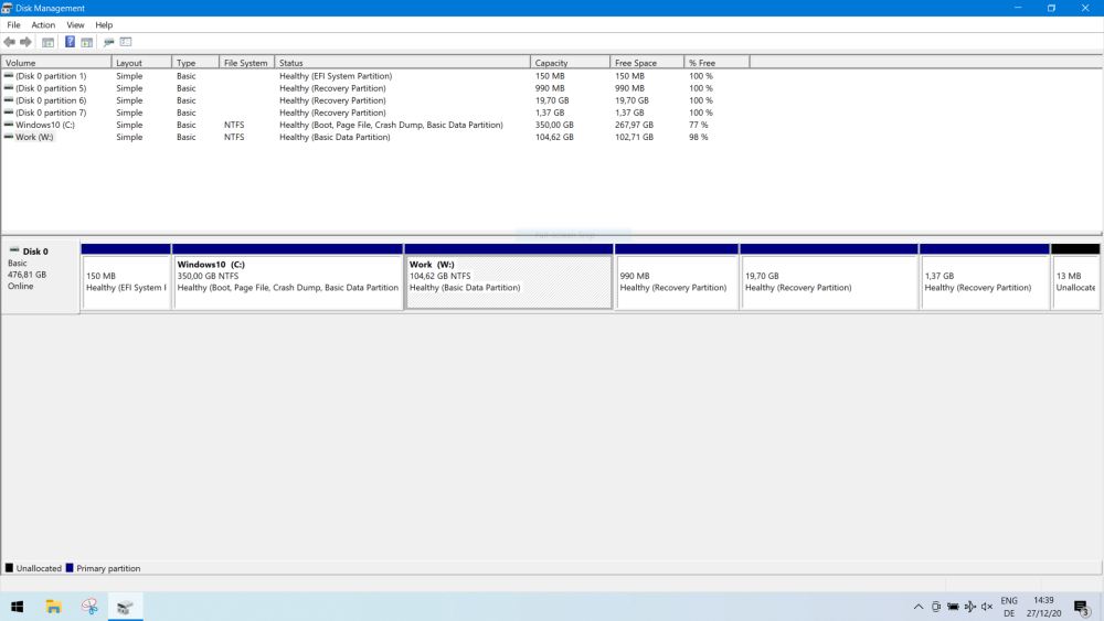 Windows Disk Management: Disk with system and work partitions