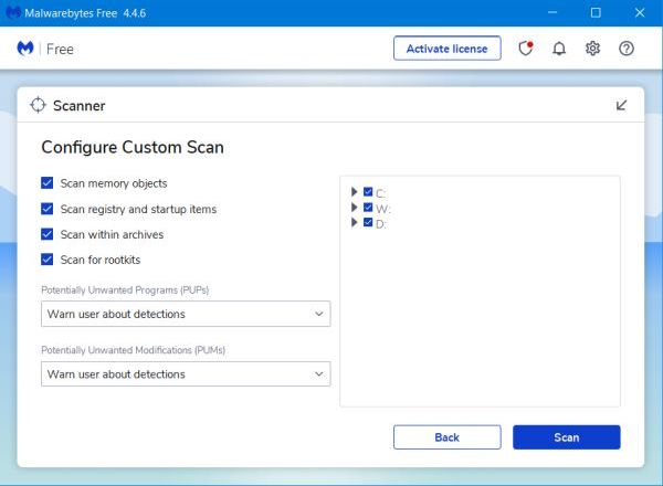 Malwarebytes Free: Configuration of a full scan of the entire PC