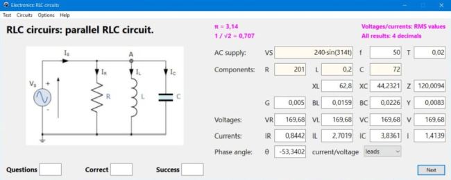 Free electronics trainer PC application: RLC circuits