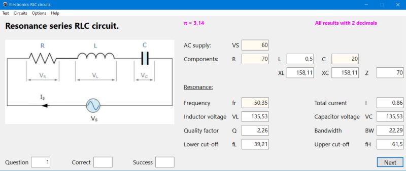 Free electronics trainer PC application: Resonance in RLC circuits