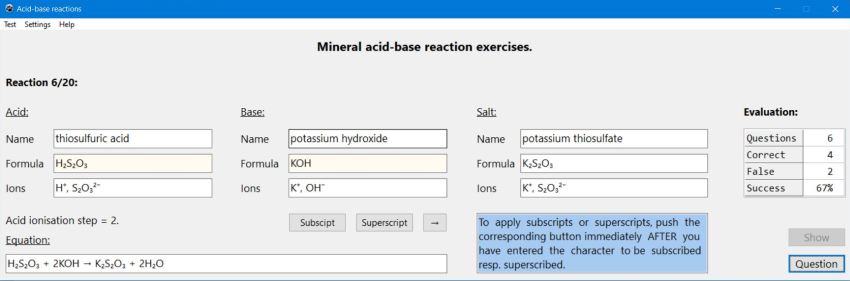 Free chemistry PC application: Mineral acid-base exercises