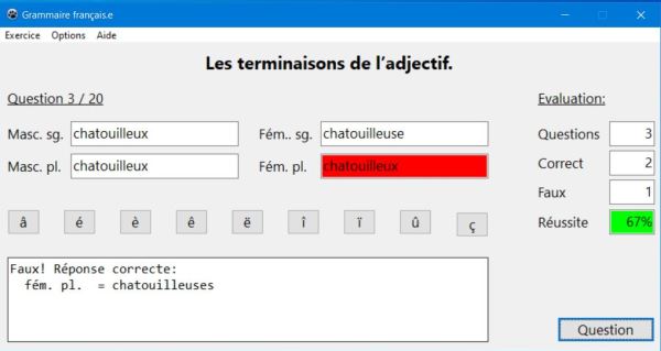 French grammar exercise generator: Adjective suffixes