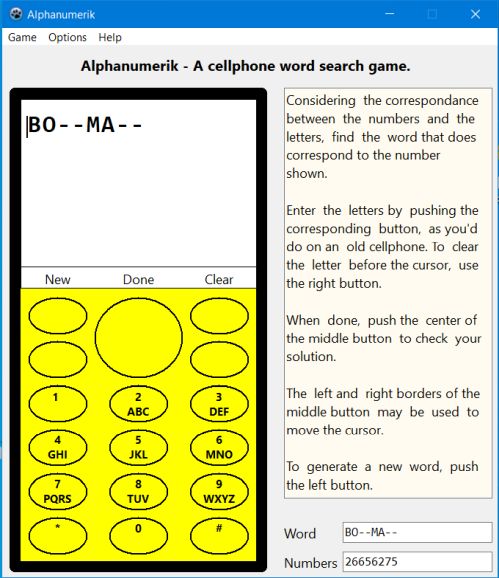 Word search game with cell phone GUI