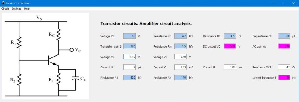 Free electronics PC application: Transistor amplifiers (here circuit analysis)