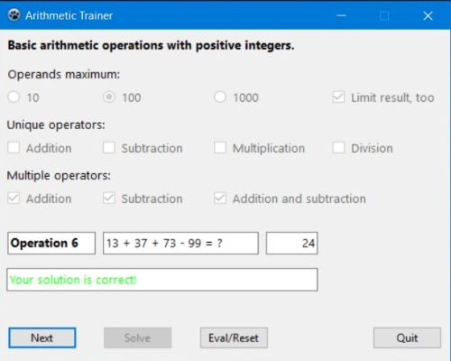 Mathematics trainer: Basic arithmetic operations with positive integers