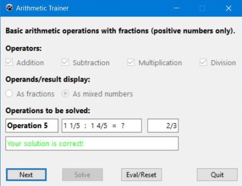 Mathematics trainer PC application: Fractions