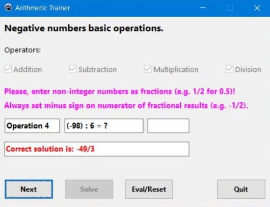 Arithmetic exercise generator: Basic operations with negative integers