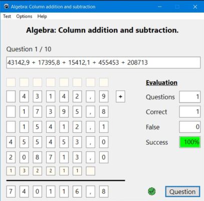 Mathematics trainer: Column addition exercise