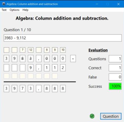 Mathematics trainer: Column subtraction exercise