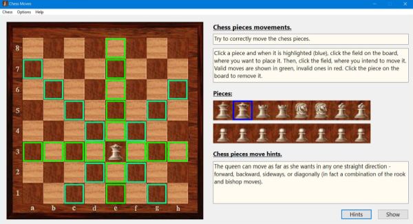 PC application to learn how the chess pieces move: Moving the queen