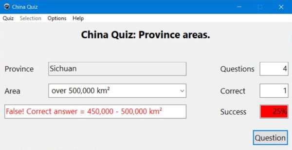 Chinese provinces quiz: Province area size