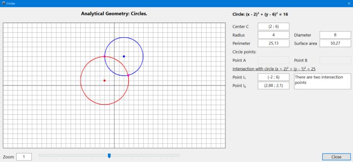 Circle geometry PC application: Intersection of 2 circles