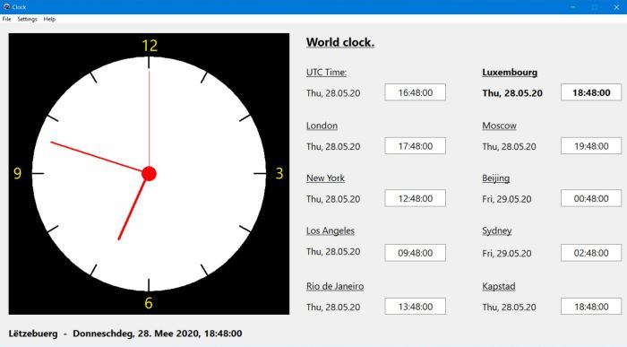 Clock with UTC, local and 8 world cities time
