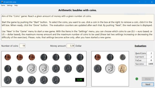 Coins calculation game (here with US coins)