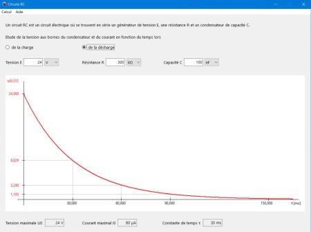 Calculs et graphiques d'électronique: Décharge d'un condensateur