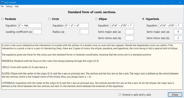 Conic sections PC application: Choosing the conic type and the equation parameters