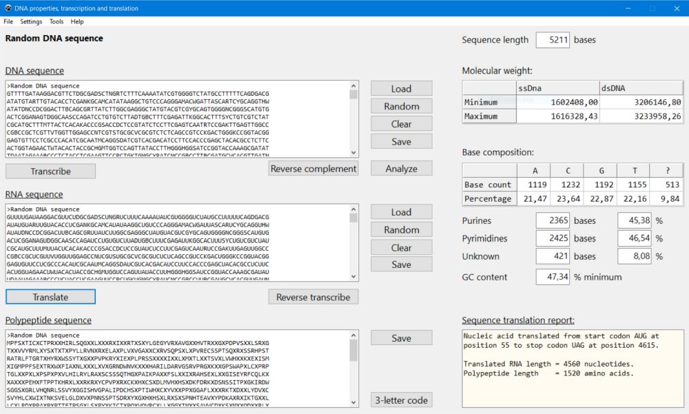 Molecular genetics PC application: DNA properties, transcription and translation