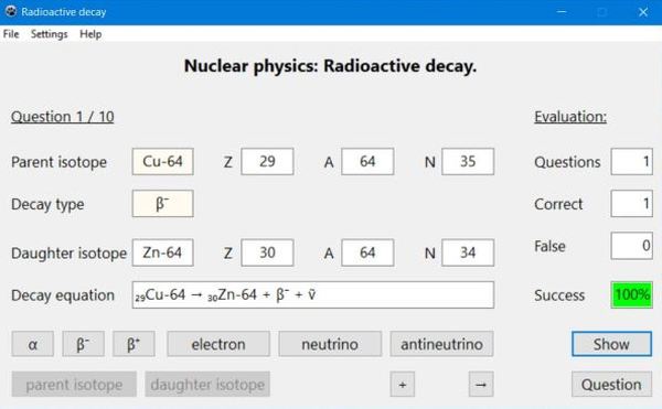 Free PC application: Radioactive decay equation exercises