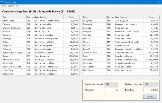 Free PC application: Currency conversion (Main window)